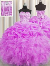  Visible Boning Lilac Ball Gowns Sweetheart Sleeveless Organza Floor Length Lace Up Beading and Ruffles and Pick Ups 15 Quinceanera Dress