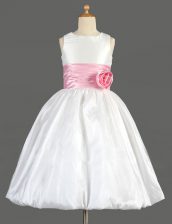 Artistic White Taffeta Zipper Scoop Sleeveless Floor Length Toddler Flower Girl Dress Bowknot and Hand Made Flower