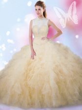 Affordable Champagne High-neck Neckline Beading and Ruffles Sweet 16 Dress Sleeveless Lace Up