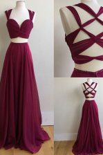  Sweep Train A-line Homecoming Dress Burgundy Square Chiffon Sleeveless With Train Criss Cross