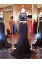  Black Scoop Zipper Beading and Appliques Prom Dresses Brush Train Sleeveless
