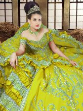  Off the Shoulder Sleeveless Embroidery Lace Up Quinceanera Dresses