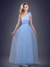  One Shoulder Sleeveless Floor Length Beading and Ruching and Hand Made Flower Lace Up Quinceanera Dama Dress with Light Blue