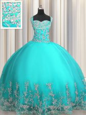 Comfortable Aqua Blue Lace Up 15th Birthday Dress Beading and Appliques Sleeveless Floor Length