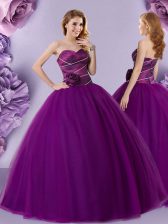  Sleeveless Floor Length Hand Made Flower Zipper Quinceanera Gown with Eggplant Purple