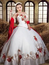 Classical One Shoulder Sleeveless Quinceanera Gown Floor Length Beading and Embroidery White Taffeta