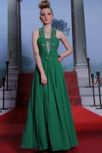  Halter Top Teal Column/Sheath Beading and Ruching Prom Dresses Zipper Chiffon Sleeveless Floor Length