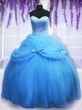 Modern Blue Sweetheart Neckline Beading and Bowknot 15th Birthday Dress Sleeveless Lace Up