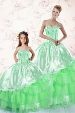  Green Ball Gowns Embroidery and Ruffled Layers Ball Gown Prom Dress Lace Up Organza Sleeveless Floor Length