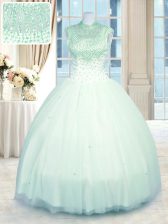 Inexpensive Sleeveless Floor Length Beading Zipper 15 Quinceanera Dress with Apple Green