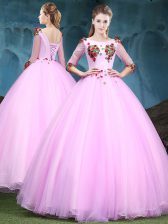  Baby Pink Tulle Lace Up Scoop Half Sleeves Floor Length Sweet 16 Dresses Appliques