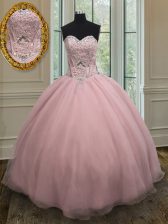 Fine Baby Pink Ball Gowns Organza Sweetheart Sleeveless Beading and Belt Floor Length Lace Up Ball Gown Prom Dress