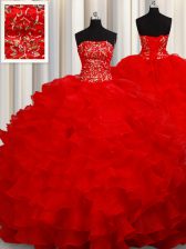  Sleeveless Floor Length Beading and Embroidery and Ruffles Lace Up Sweet 16 Dress with Red