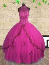  Halter Top Fuchsia Lace Up Vestidos de Quinceanera Beading Sleeveless Floor Length