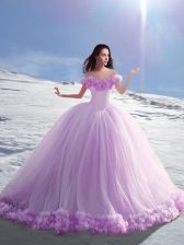  Off the Shoulder Cap Sleeves Court Train Lace Up Hand Made Flower Sweet 16 Dress