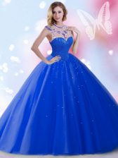 Exquisite Royal Blue Sleeveless Beading and Sequins Floor Length 15 Quinceanera Dress