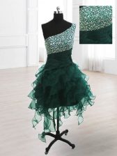  One Shoulder Organza Sleeveless Knee Length Homecoming Dress and Beading and Ruffles