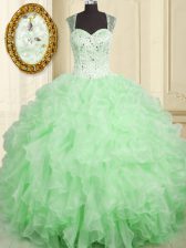 Lovely Straps Sleeveless Organza Ball Gown Prom Dress Beading and Ruffles Lace Up