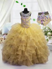 Adorable Light Yellow Ball Gowns Organza Scoop Sleeveless Beading and Ruffled Layers Floor Length Lace Up Little Girl Pageant Dress