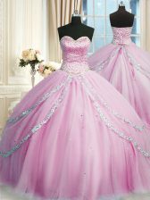  Lilac Ball Gowns Sweetheart Sleeveless Tulle With Train Court Train Lace Up Beading and Appliques Sweet 16 Dresses