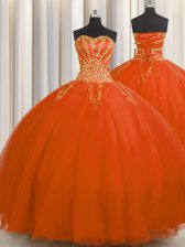 Superior Really Puffy Sleeveless Floor Length Beading Lace Up Quince Ball Gowns with Red