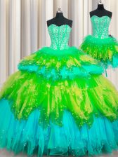 Captivating Three Piece Visible Boning Floor Length Lace Up Sweet 16 Dresses Multi-color for Military Ball and Sweet 16 and Quinceanera with Beading and Ruffles and Ruffled Layers and Sequins