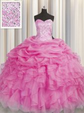 Cute Rose Pink Ball Gowns Organza Sweetheart Sleeveless Beading and Ruffles Floor Length Lace Up Quinceanera Dress