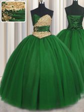 Fitting Sweetheart Sleeveless Sweet 16 Quinceanera Dress Floor Length Beading and Appliques Green Tulle
