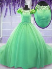  Scoop Green Short Sleeves Tulle Court Train Lace Up Sweet 16 Dress for Military Ball and Sweet 16 and Quinceanera