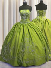  Embroidery Ball Gowns Quinceanera Dresses Olive Green Strapless Taffeta Sleeveless Floor Length Lace Up
