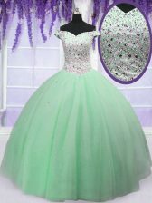 Fancy Off the Shoulder Apple Green Lace Up 15 Quinceanera Dress Beading Sleeveless Floor Length