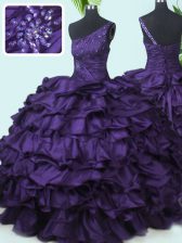  One Shoulder Purple Ball Gowns Beading and Pick Ups Sweet 16 Dress Lace Up Taffeta Sleeveless Floor Length