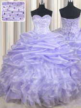 Luxurious Lavender Organza Lace Up Sweetheart Sleeveless Floor Length 15th Birthday Dress Beading and Ruffles and Pick Ups