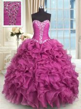  Rose Pink Sleeveless Organza Lace Up Quinceanera Dresses for Military Ball and Sweet 16 and Quinceanera