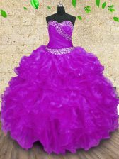 Elegant Purple Halter Top Neckline Beading and Ruffles and Ruching Sweet 16 Quinceanera Dress Sleeveless Lace Up