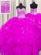 Wonderful Visible Boning Beaded Bodice Beading and Ruffles Quinceanera Gown Fuchsia Lace Up Sleeveless Floor Length