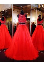  Scoop Floor Length Coral Red Prom Dress Organza Sleeveless Beading