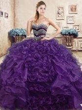  Purple Sweet 16 Dress Military Ball and Sweet 16 and Quinceanera with Beading and Ruffles Sweetheart Sleeveless Lace Up