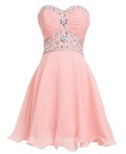 Nice Mini Length Pink Homecoming Dress Organza Sleeveless Beading and Belt