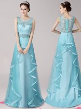 Artistic Scoop Aqua Blue Satin and Tulle Zipper Homecoming Dress Sleeveless With Brush Train Appliques and Ruffles