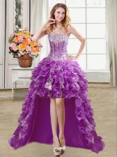 Custom Designed Sequins A-line Dress for Prom Purple Sweetheart Organza Sleeveless High Low Lace Up