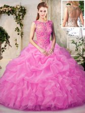 Simple Rose Pink Ball Gowns Organza Scoop Sleeveless Beading and Ruffles and Pick Ups Floor Length Lace Up 15 Quinceanera Dress