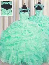  Scoop Floor Length Lace Up Sweet 16 Dress Apple Green for Military Ball and Sweet 16 and Quinceanera with Beading and Ruffles and Pick Ups