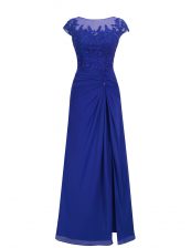 Super Scoop Royal Blue Cap Sleeves Appliques Floor Length Prom Party Dress