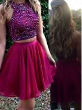 Classical Scoop Fuchsia Sleeveless Mini Length Beading Zipper Evening Dress