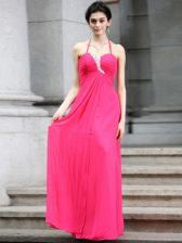  Hot Pink Column/Sheath Halter Top Sleeveless Chiffon Floor Length Zipper Beading Prom Dress