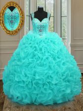  Aqua Blue Organza Zipper Straps Sleeveless Floor Length Quince Ball Gowns Beading and Ruffles