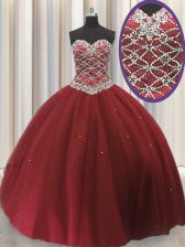 Dazzling Tulle Sweetheart Sleeveless Lace Up Beading and Sequins Sweet 16 Quinceanera Dress in Red