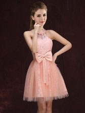 Free and Easy Peach A-line Tulle and Lace Halter Top Sleeveless Lace and Bowknot Mini Length Lace Up Quinceanera Court Dresses