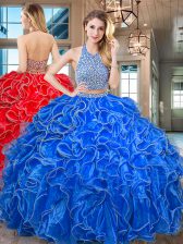 Designer Halter Top Royal Blue Two Pieces Beading and Ruffled Layers 15th Birthday Dress Backless Organza Sleeveless Floor Length